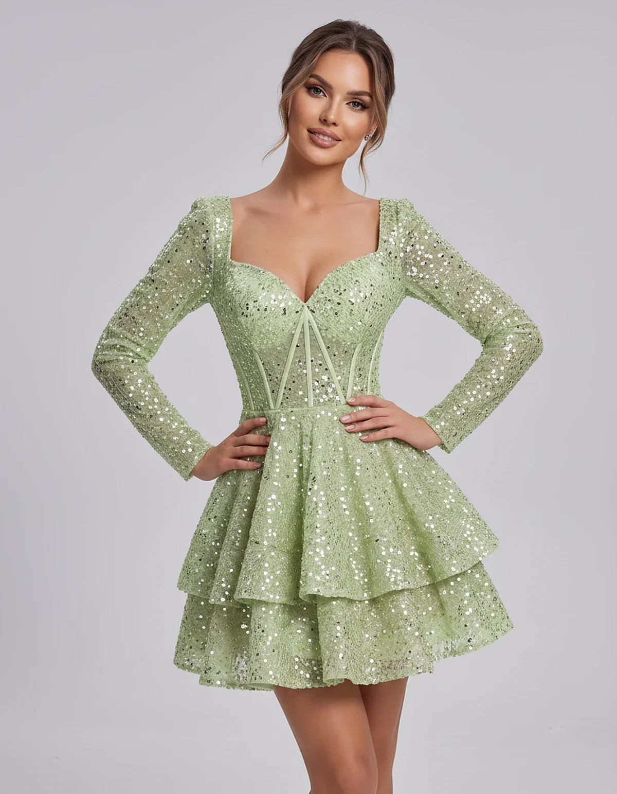 Sequin Long Sleeve Sweetheart Corset Tiered Ruffle Mini Dress for Party, Cocktail, Evening, Summer, Wedding Guest in Champagn | SKU: MD-123456789012345-MINT-L,MD-123456789012345-MINT-M,MD-123456789012345-MINT-S,MD-123456789012345-MINT-XL,MD-123456789012345-MINT-XS