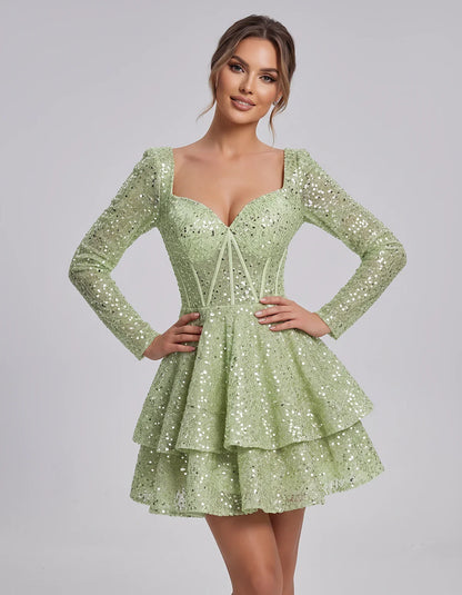Sequin Long Sleeve Sweetheart Corset Tiered Ruffle Mini Dress for Party, Cocktail, Evening, Summer, Wedding Guest in Champagn | SKU: MD-123456789012345-MINT-L,MD-123456789012345-MINT-M,MD-123456789012345-MINT-S,MD-123456789012345-MINT-XL,MD-123456789012345-MINT-XS