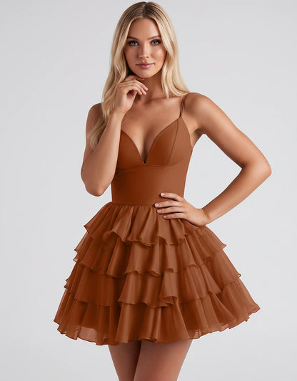 Chiffon Spaghetti Strap Deep V Neck Tiered Ruffle Mini Dress for Homecoming, Graduation, Cocktail, Party, Evening and Summer 