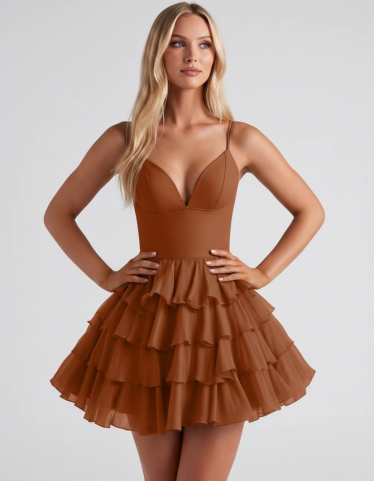 Chiffon Spaghetti Strap Deep V Neck Tiered Ruffle Mini Dress for Homecoming, Graduation, Cocktail, Party, Evening and Summer 