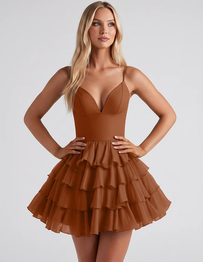 Chiffon Spaghetti Strap Deep V Neck Tiered Ruffle Mini Dress for Homecoming, Graduation, Cocktail, Party, Evening and Summer 
