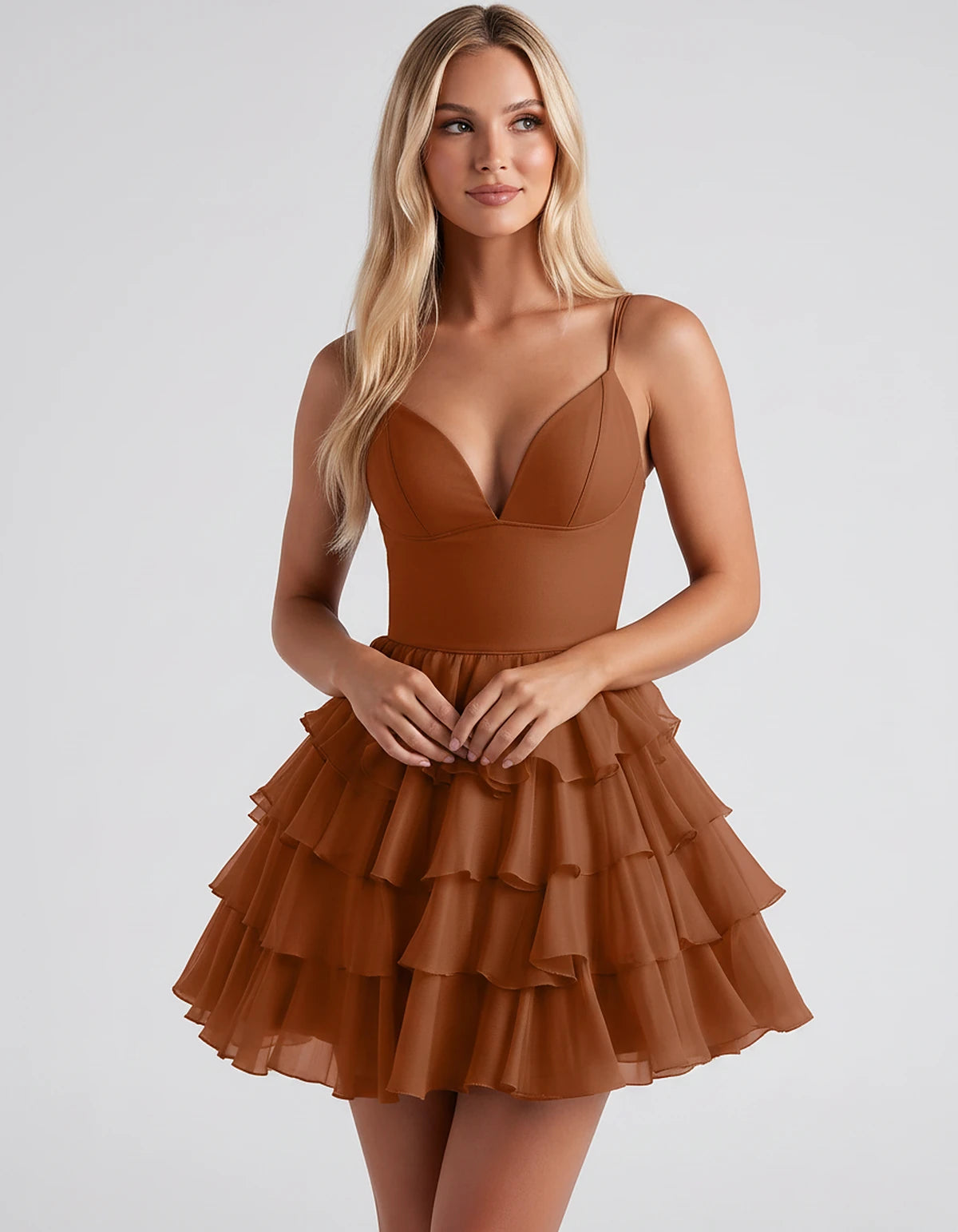 Chiffon Spaghetti Strap Deep V Neck Tiered Ruffle Mini Dress for Homecoming, Graduation, Cocktail, Party, Evening and Summer 