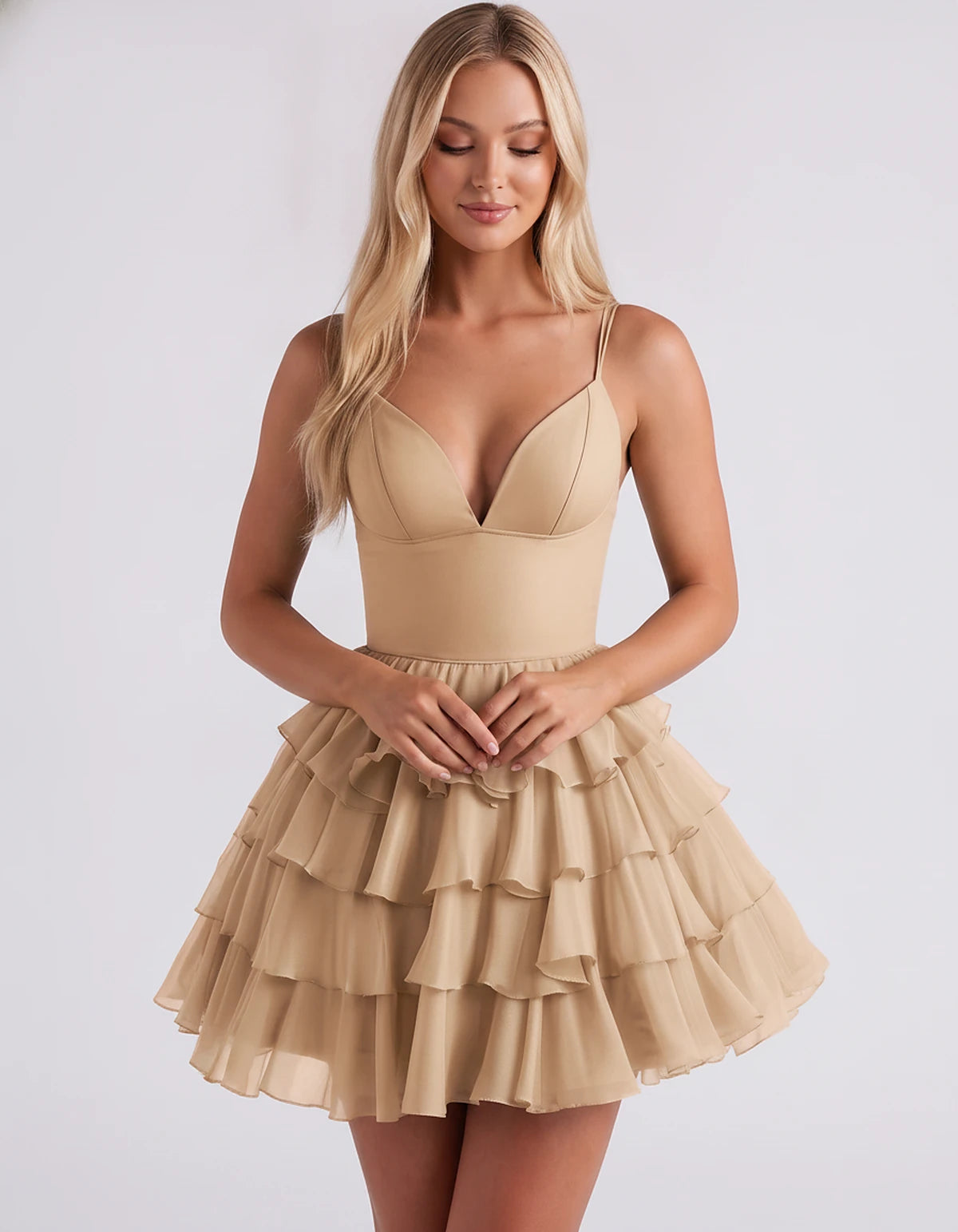 Chiffon Spaghetti Strap Deep V Neck Tiered Ruffle Mini Dress for Homecoming, Graduation, Cocktail, Party, Evening and Summer 