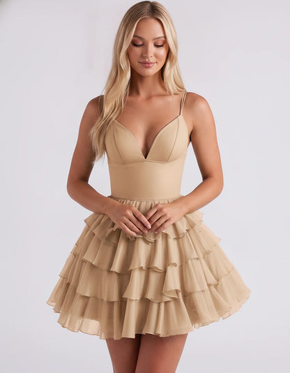 Chiffon Spaghetti Strap Deep V Neck Tiered Ruffle Mini Dress for Homecoming, Graduation, Cocktail, Party, Evening and Summer 