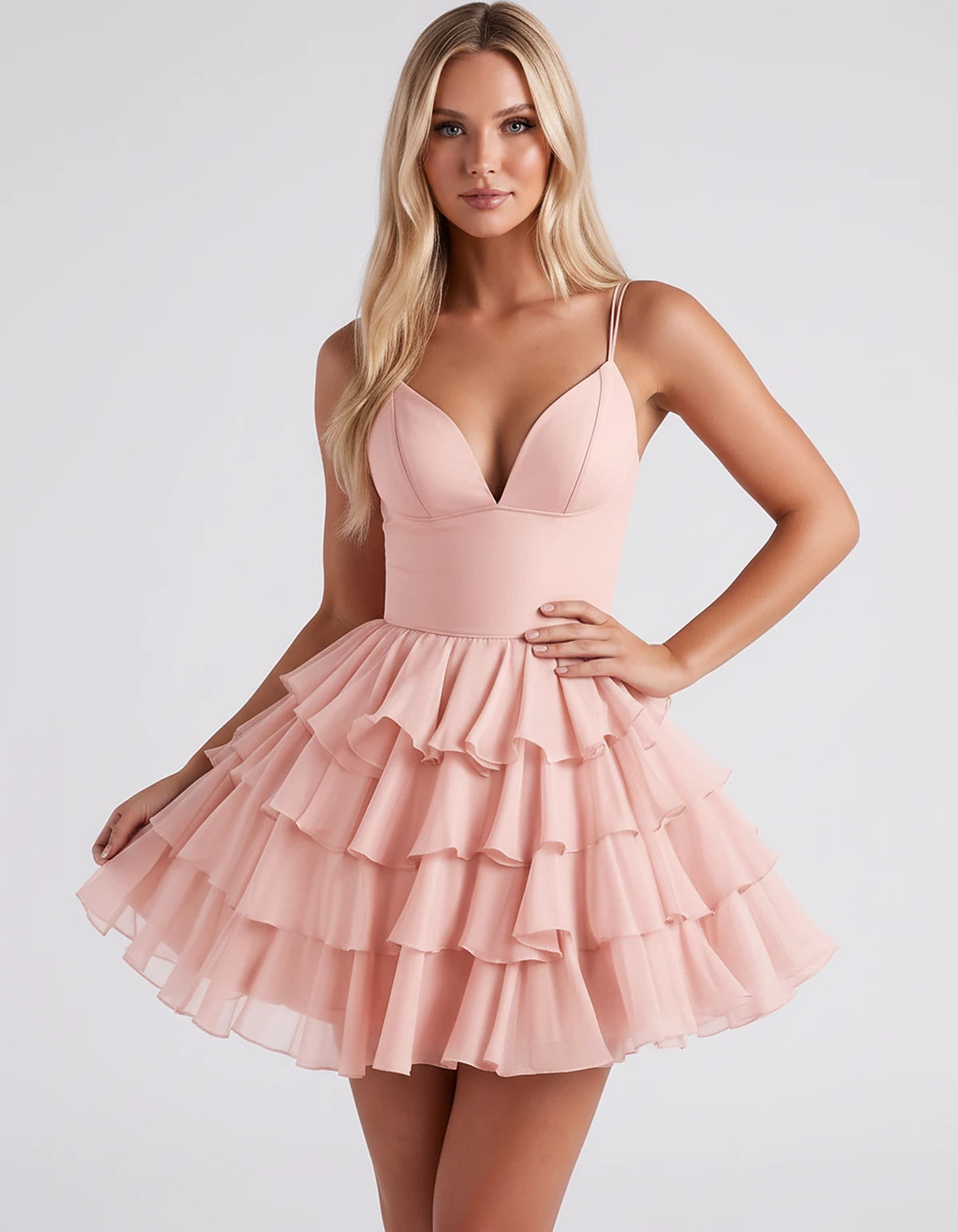 Chiffon Spaghetti Strap Deep V Neck Tiered Ruffle Mini Dress for Homecoming, Graduation, Cocktail, Party, Evening and Summer 