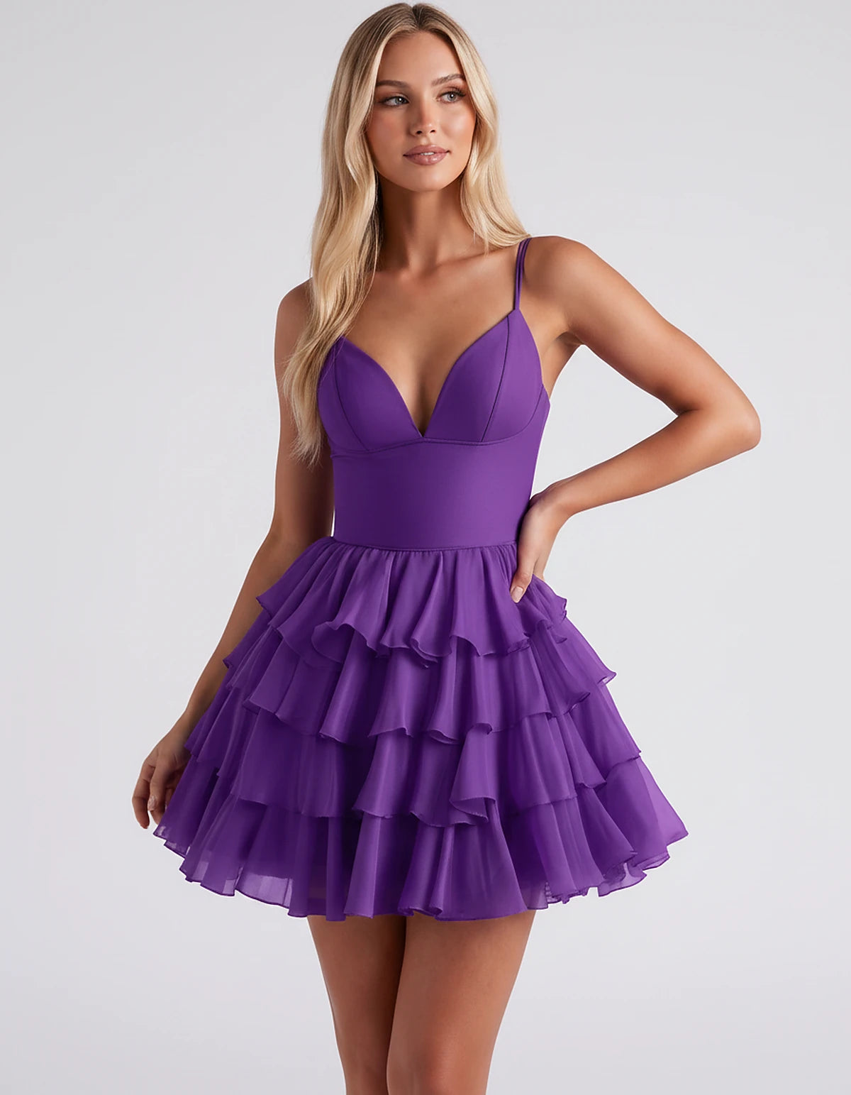Chiffon Spaghetti Strap Deep V Neck Tiered Ruffle Mini Dress for Homecoming, Graduation, Cocktail, Party, Evening and Summer 