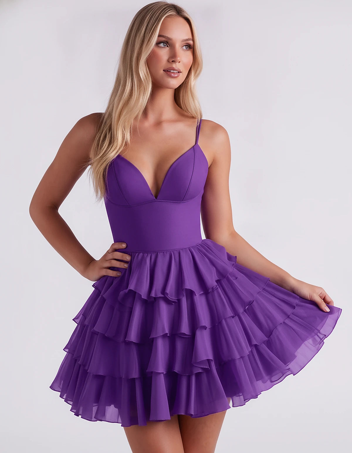 Chiffon Spaghetti Strap Deep V Neck Tiered Ruffle Mini Dress for Homecoming, Graduation, Cocktail, Party, Evening and Summer 