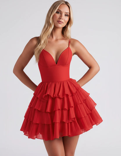 Chiffon Spaghetti Strap Deep V Neck Tiered Ruffle Mini Dress for Homecoming, Graduation, Cocktail, Party, Evening and Summer 