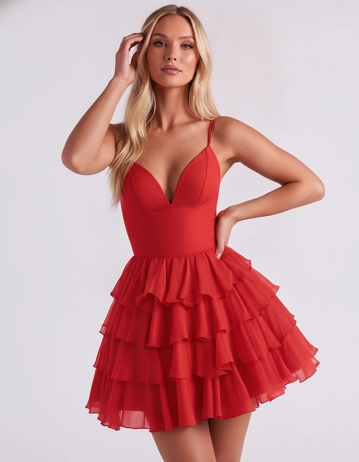 Chiffon Spaghetti Strap Deep V Neck Tiered Ruffle Mini Dress for Homecoming, Graduation, Cocktail, Party, Evening and Summer 