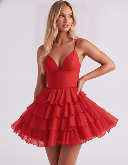 Chiffon Spaghetti Strap Deep V Neck Tiered Ruffle Mini Dress for Homecoming, Graduation, Cocktail, Party, Evening and Summer 