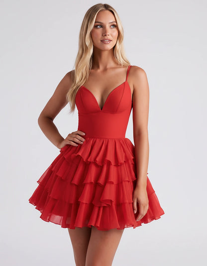 Chiffon Spaghetti Strap Deep V Neck Tiered Ruffle Mini Dress for Homecoming, Graduation, Cocktail, Party, Evening and Summer 