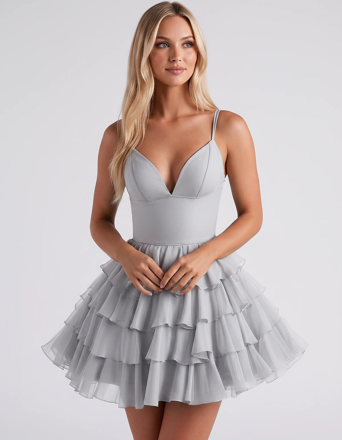 Chiffon Spaghetti Strap Deep V Neck Tiered Ruffle Mini Dress for Homecoming, Graduation, Cocktail, Party, Evening and Summer 