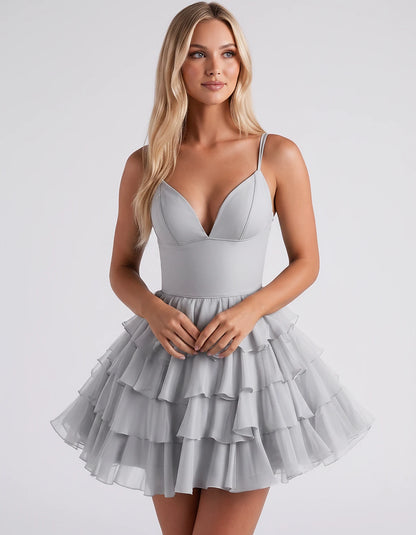 Chiffon Spaghetti Strap Deep V Neck Tiered Ruffle Mini Dress for Homecoming, Graduation, Cocktail, Party, Evening and Summer 