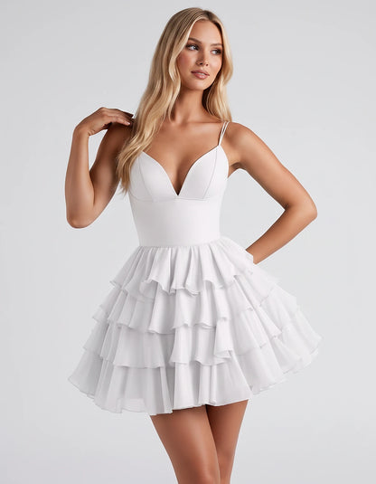 Chiffon Spaghetti Strap Deep V Neck Tiered Ruffle Mini Dress for Homecoming, Graduation, Cocktail, Party, Evening and Summer 