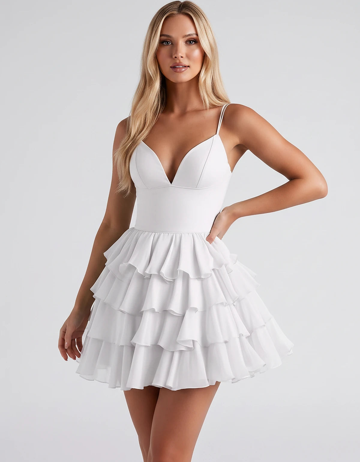 Chiffon Spaghetti Strap Deep V Neck Tiered Ruffle Mini Dress for Homecoming, Graduation, Cocktail, Party, Evening and Summer 