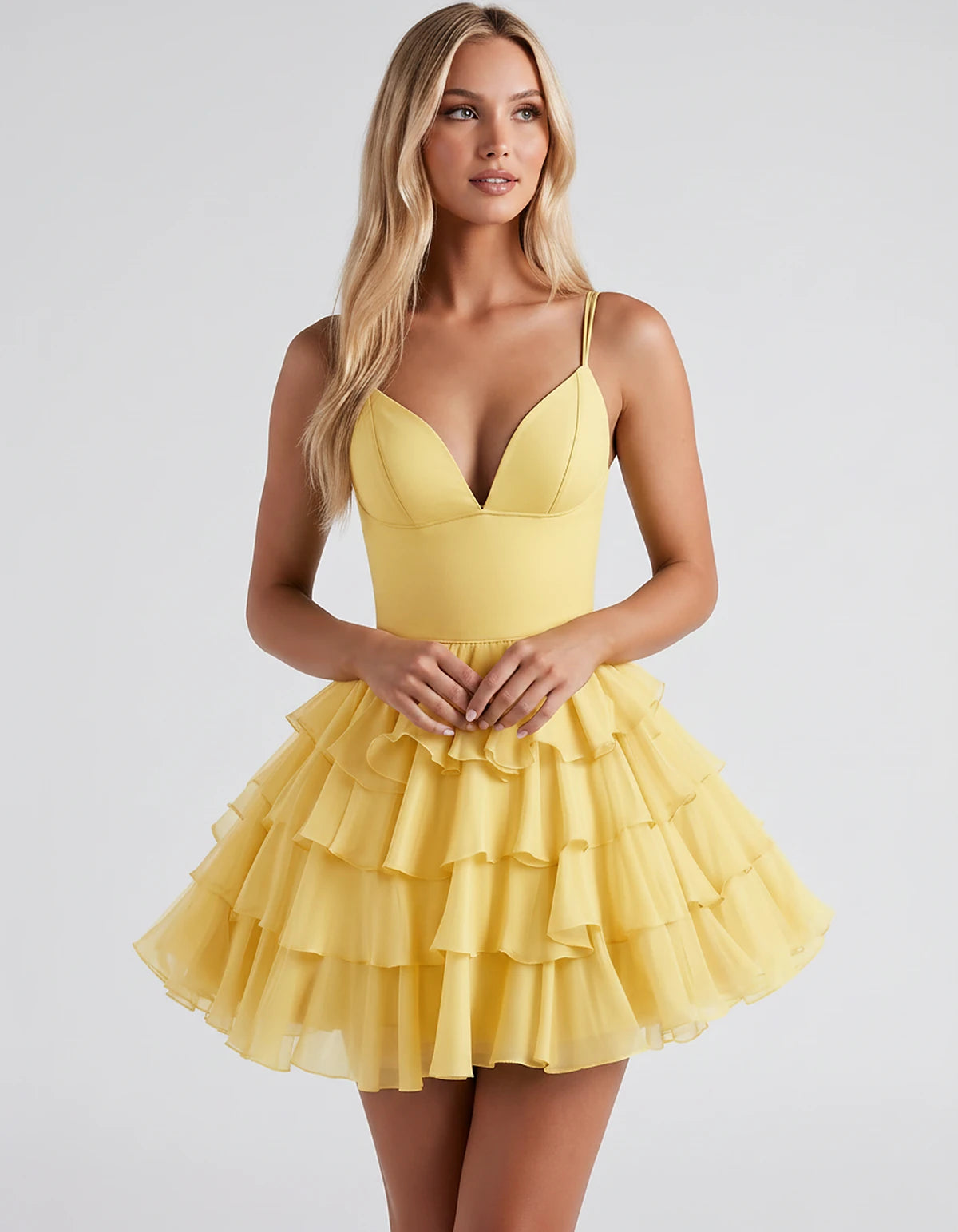 Chiffon Spaghetti Strap Deep V Neck Tiered Ruffle Mini Dress for Homecoming, Graduation, Cocktail, Party, Evening and Summer 
