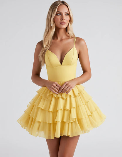 Chiffon Spaghetti Strap Deep V Neck Tiered Ruffle Mini Dress for Homecoming, Graduation, Cocktail, Party, Evening and Summer 