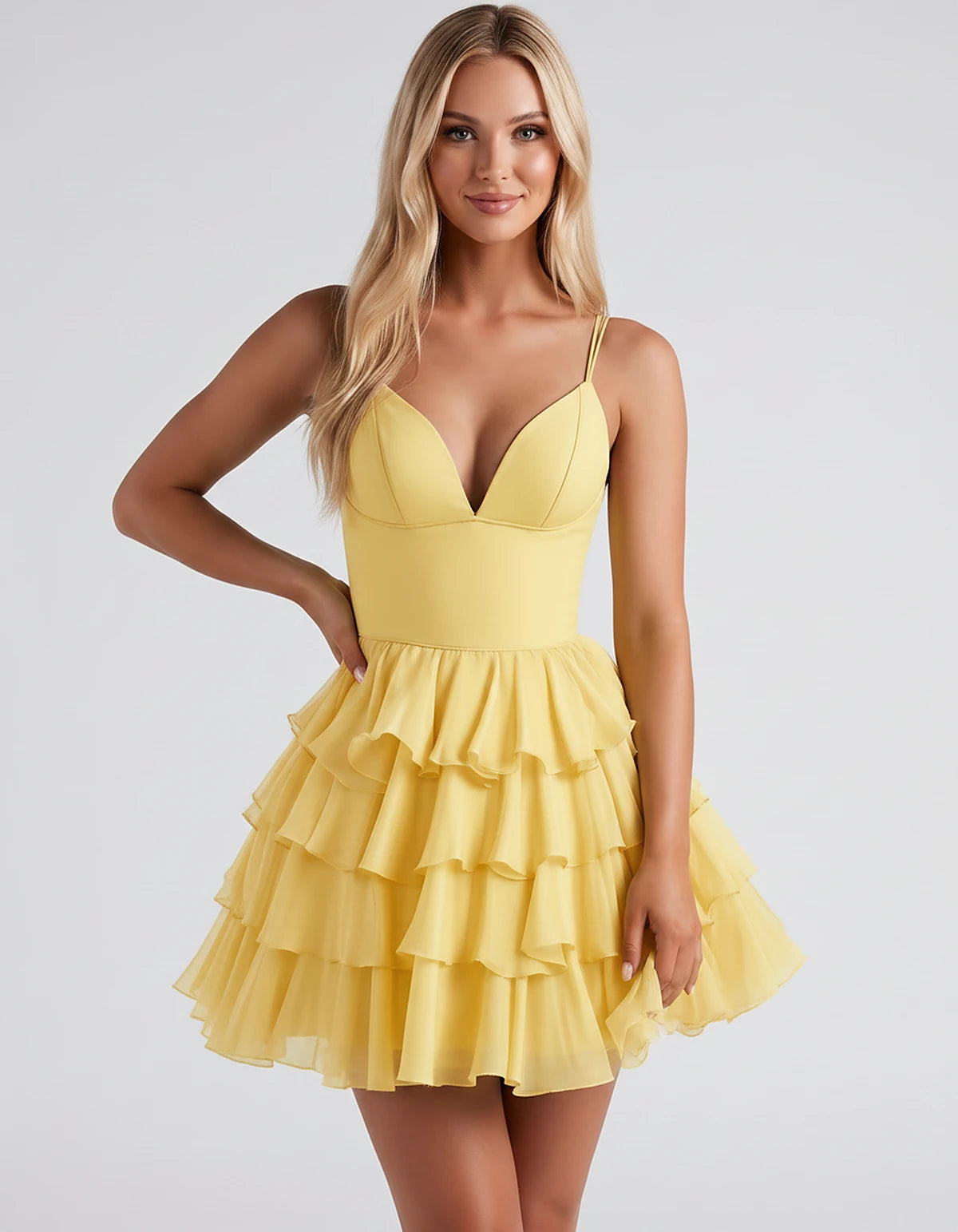 Chiffon Spaghetti Strap Deep V Neck Tiered Ruffle Mini Dress for Homecoming, Graduation, Cocktail, Party, Evening and Summer 