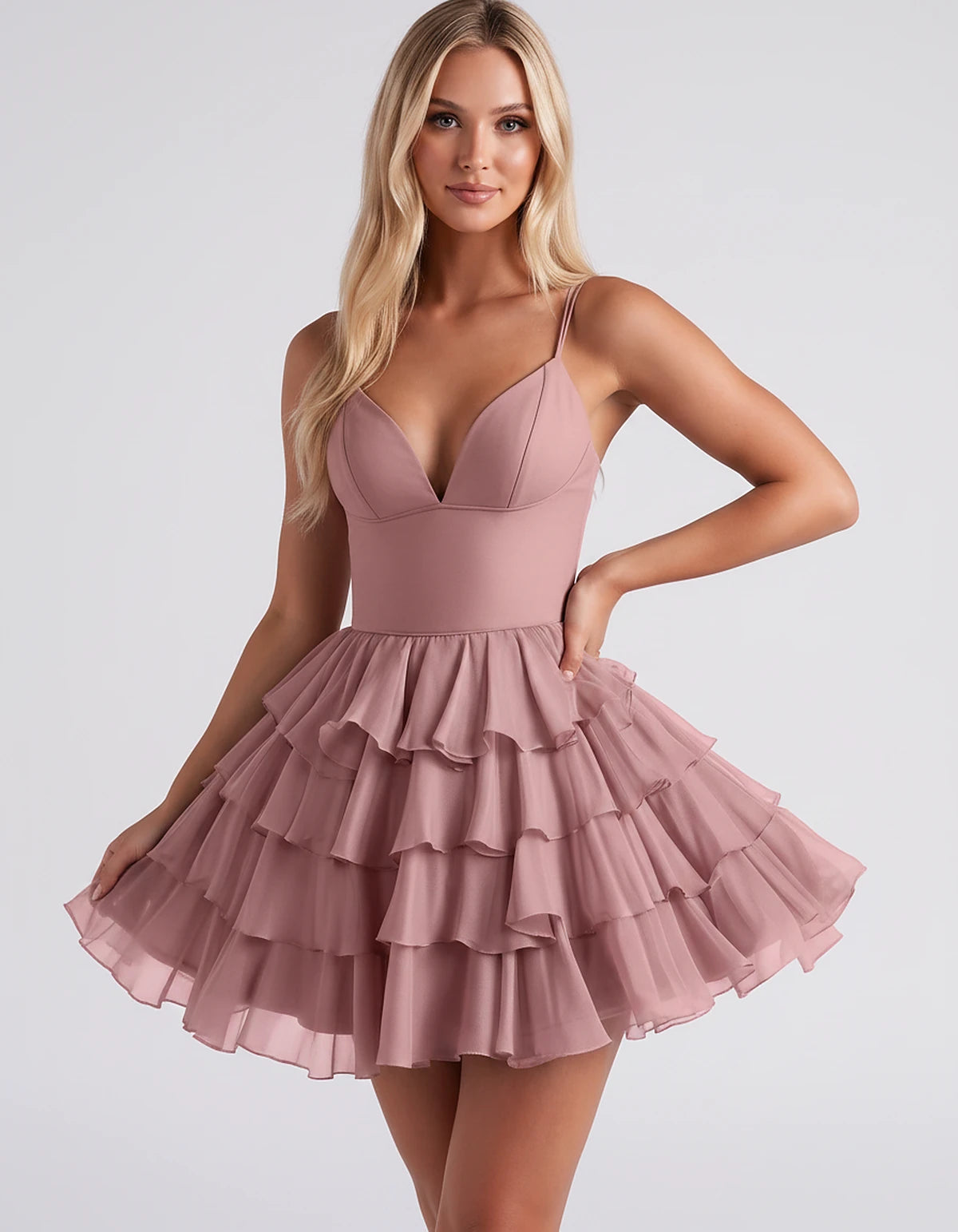Chiffon Spaghetti Strap Deep V Neck Tiered Ruffle Mini Dress for Homecoming, Graduation, Cocktail, Party, Evening and Summer 