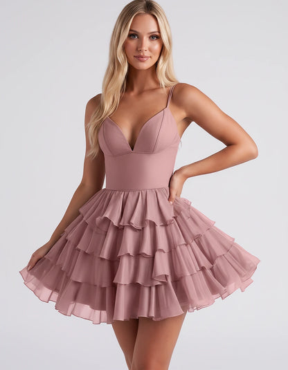 Chiffon Spaghetti Strap Deep V Neck Tiered Ruffle Mini Dress for Homecoming, Graduation, Cocktail, Party, Evening and Summer 