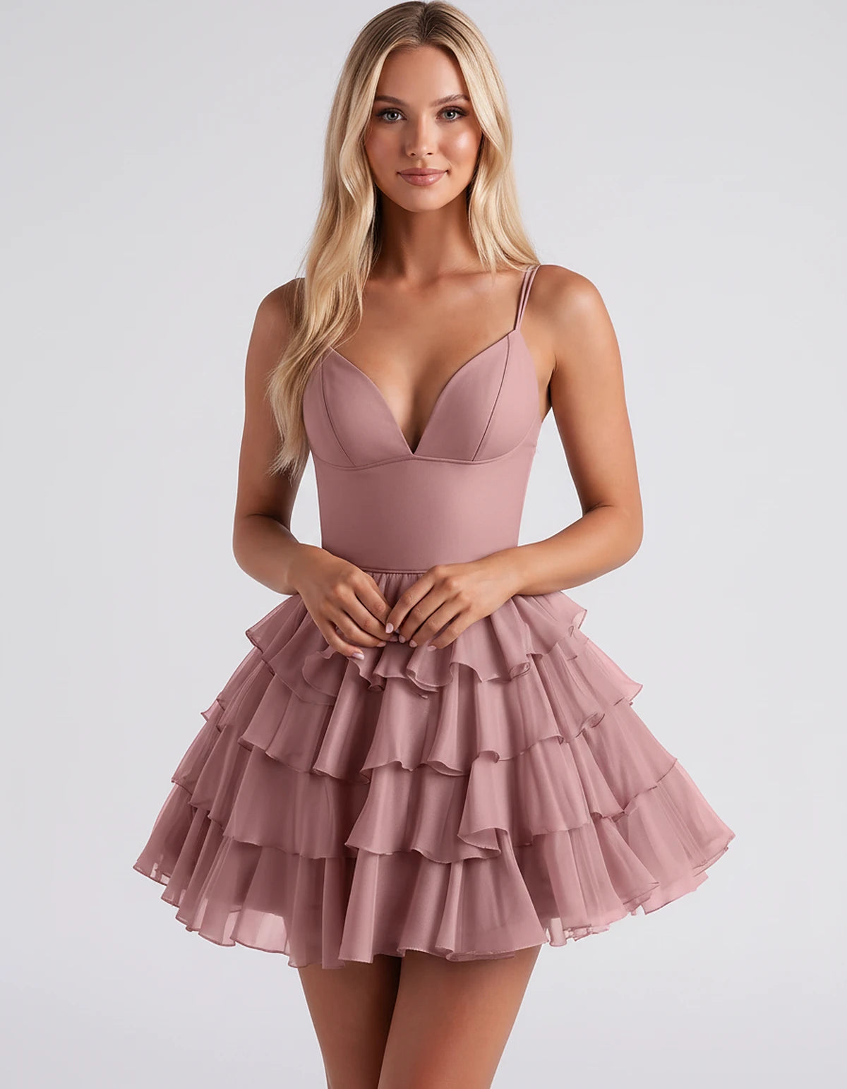 Chiffon Spaghetti Strap Deep V Neck Tiered Ruffle Mini Dress for Homecoming, Graduation, Cocktail, Party, Evening and Summer 