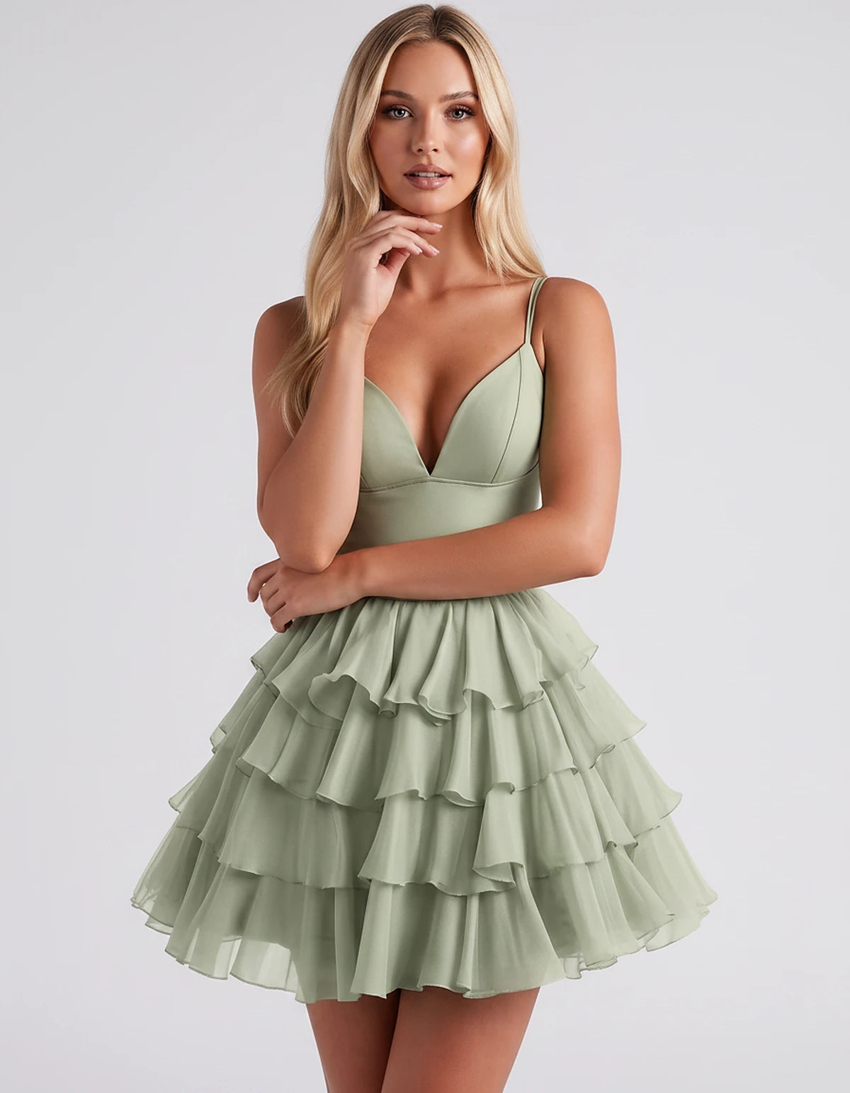 Chiffon Spaghetti Strap Deep V Neck Tiered Ruffle Mini Dress for Homecoming, Graduation, Cocktail, Party, Evening and Summer 