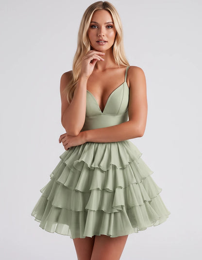 Chiffon Spaghetti Strap Deep V Neck Tiered Ruffle Mini Dress for Homecoming, Graduation, Cocktail, Party, Evening and Summer 