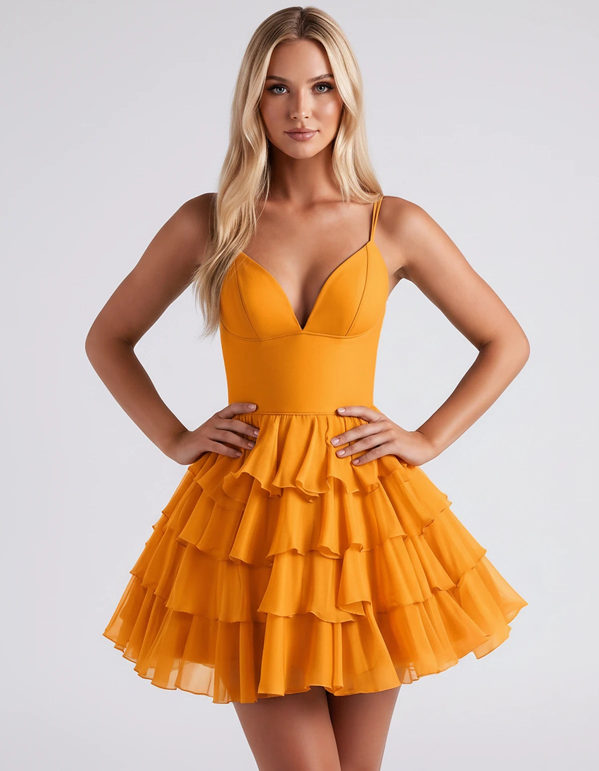 Chiffon Spaghetti Strap Deep V Neck Tiered Ruffle Mini Dress for Homecoming, Graduation, Cocktail, Party, Evening and Summer 