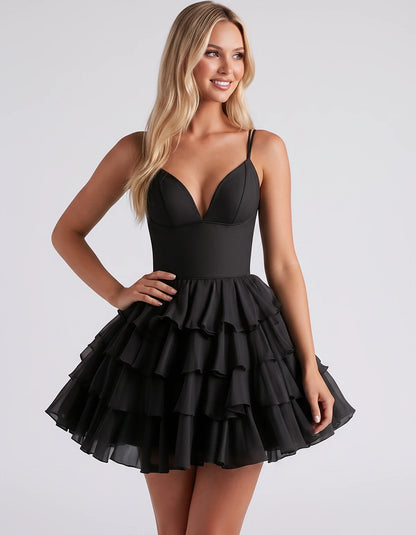 Chiffon Spaghetti Strap Deep V Neck Tiered Ruffle Mini Dress for Homecoming, Graduation, Cocktail, Party, Evening and Summer 