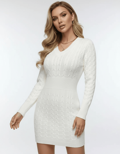 Celeste Mini Dress in ivory cable knit featuring V-neck and elastic waist for a flattering fit.