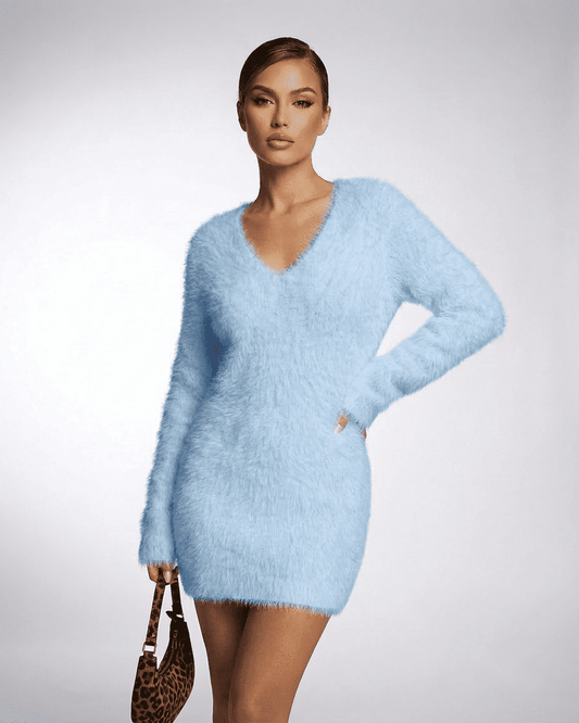 Anli Sweater in soft blue color, featuring V neck, plush texture, perfect for modern dressing, by RAMBLION.