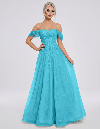 Tulle Lace Appliqué Off-Shoulder Sweetheart Ball Gown Maxi Dress for Party, Cocktail, Evening, Wedding Guest & Summer Events,