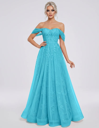 Tulle Lace Appliqué Off-Shoulder Sweetheart Ball Gown Maxi Dress for Party, Cocktail, Evening, Wedding Guest & Summer Events,