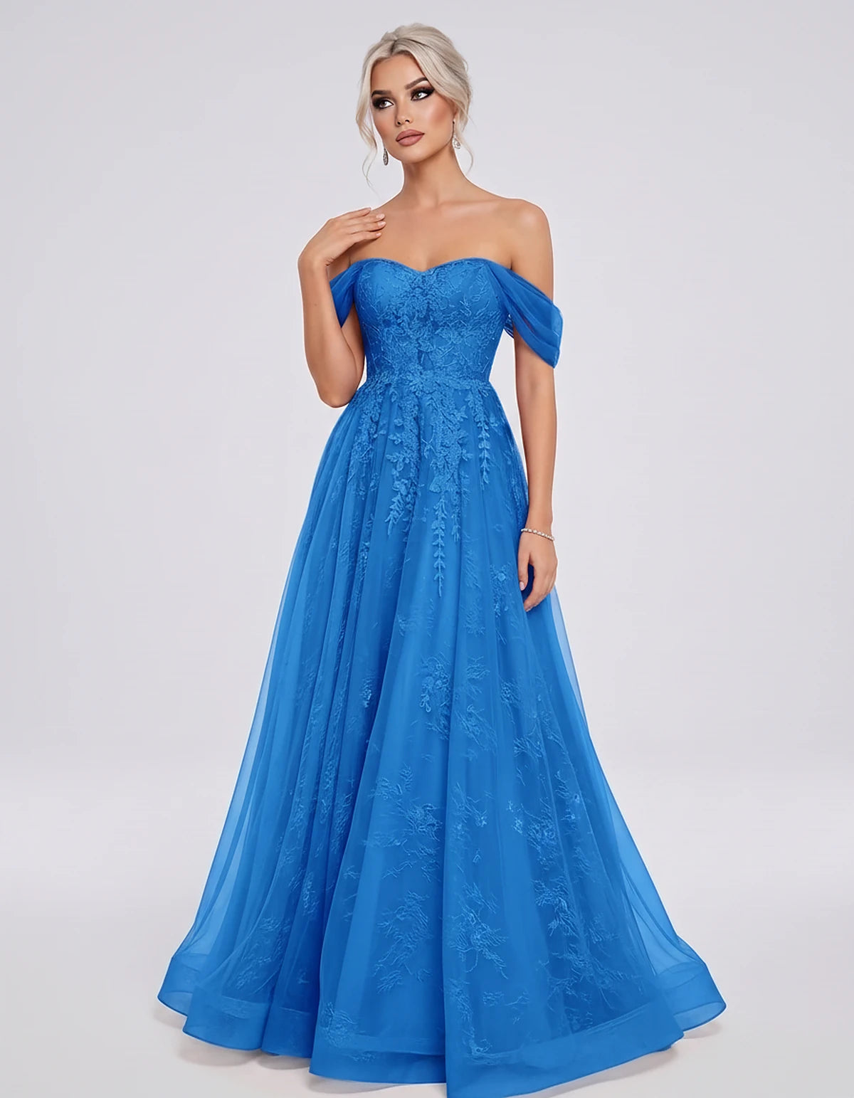 Tulle Lace Appliqué Off-Shoulder Sweetheart Ball Gown Maxi Dress for Party, Cocktail, Evening, Wedding Guest & Summer Events,