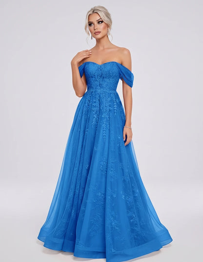 Tulle Lace Appliqué Off-Shoulder Sweetheart Ball Gown Maxi Dress for Party, Cocktail, Evening, Wedding Guest & Summer Events,