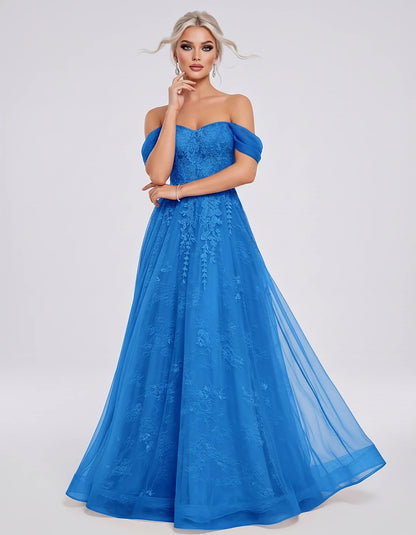 Tulle Lace Appliqué Off-Shoulder Sweetheart Ball Gown Maxi Dress for Party, Cocktail, Evening, Wedding Guest & Summer Events,