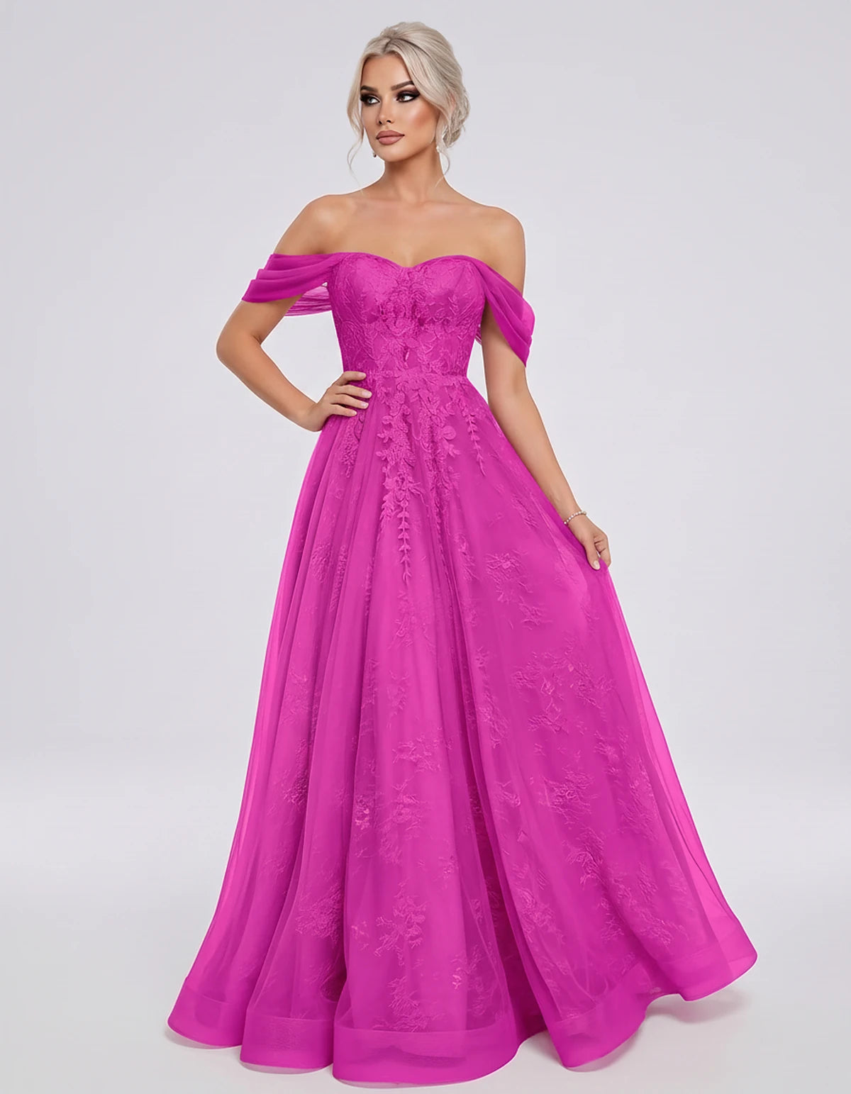 Tulle Lace Appliqué Off-Shoulder Sweetheart Ball Gown Maxi Dress for Party, Cocktail, Evening, Wedding Guest & Summer Events,