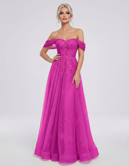 Tulle Lace Appliqué Off-Shoulder Sweetheart Ball Gown Maxi Dress for Party, Cocktail, Evening, Wedding Guest & Summer Events,