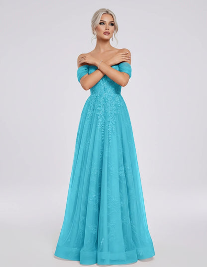 Tulle Lace Appliqué Off-Shoulder Sweetheart Ball Gown Maxi Dress for Party, Cocktail, Evening, Wedding Guest & Summer Events,