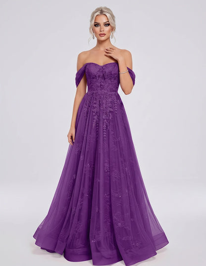 Tulle Lace Appliqué Off-Shoulder Sweetheart Ball Gown Maxi Dress for Party, Cocktail, Evening, Wedding Guest & Summer Events,