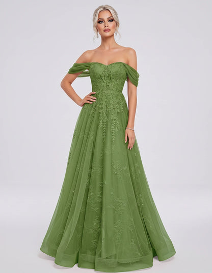 Tulle Lace Appliqué Off-Shoulder Sweetheart Ball Gown Maxi Dress for Party, Cocktail, Evening, Wedding Guest & Summer Events,