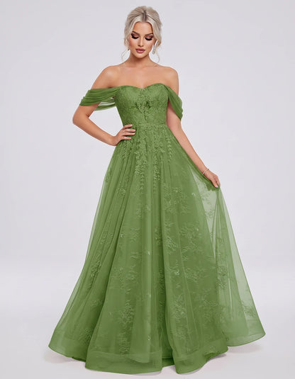 Tulle Lace Appliqué Off-Shoulder Sweetheart Ball Gown Maxi Dress for Party, Cocktail, Evening, Wedding Guest & Summer Events,