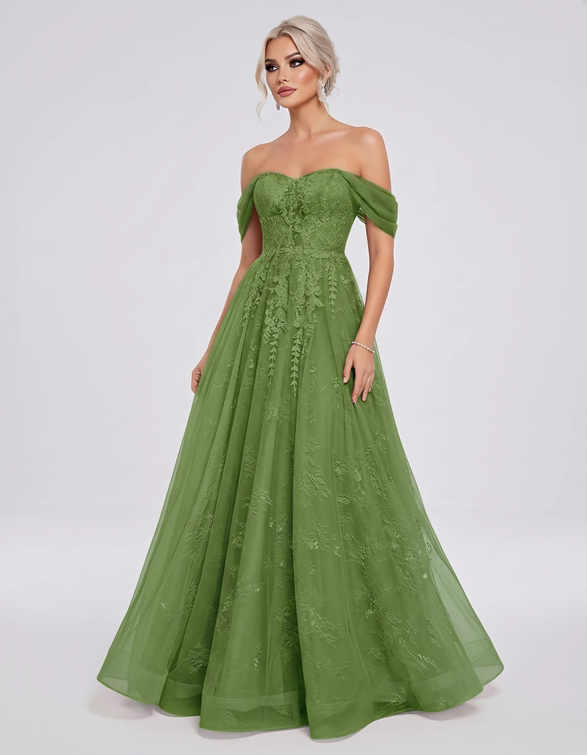 Tulle Lace Appliqué Off-Shoulder Sweetheart Ball Gown Maxi Dress for Party, Cocktail, Evening, Wedding Guest & Summer Events,