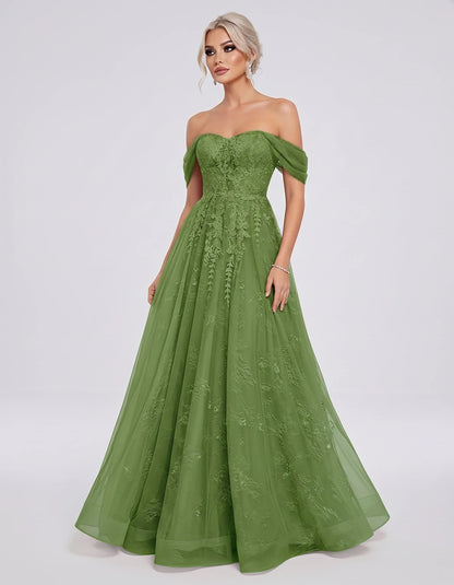 Tulle Lace Appliqué Off-Shoulder Sweetheart Ball Gown Maxi Dress for Party, Cocktail, Evening, Wedding Guest & Summer Events,