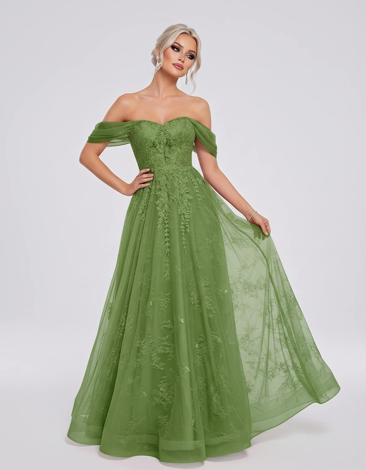 Tulle Lace Appliqué Off-Shoulder Sweetheart Ball Gown Maxi Dress for Party, Cocktail, Evening, Wedding Guest & Summer Events,