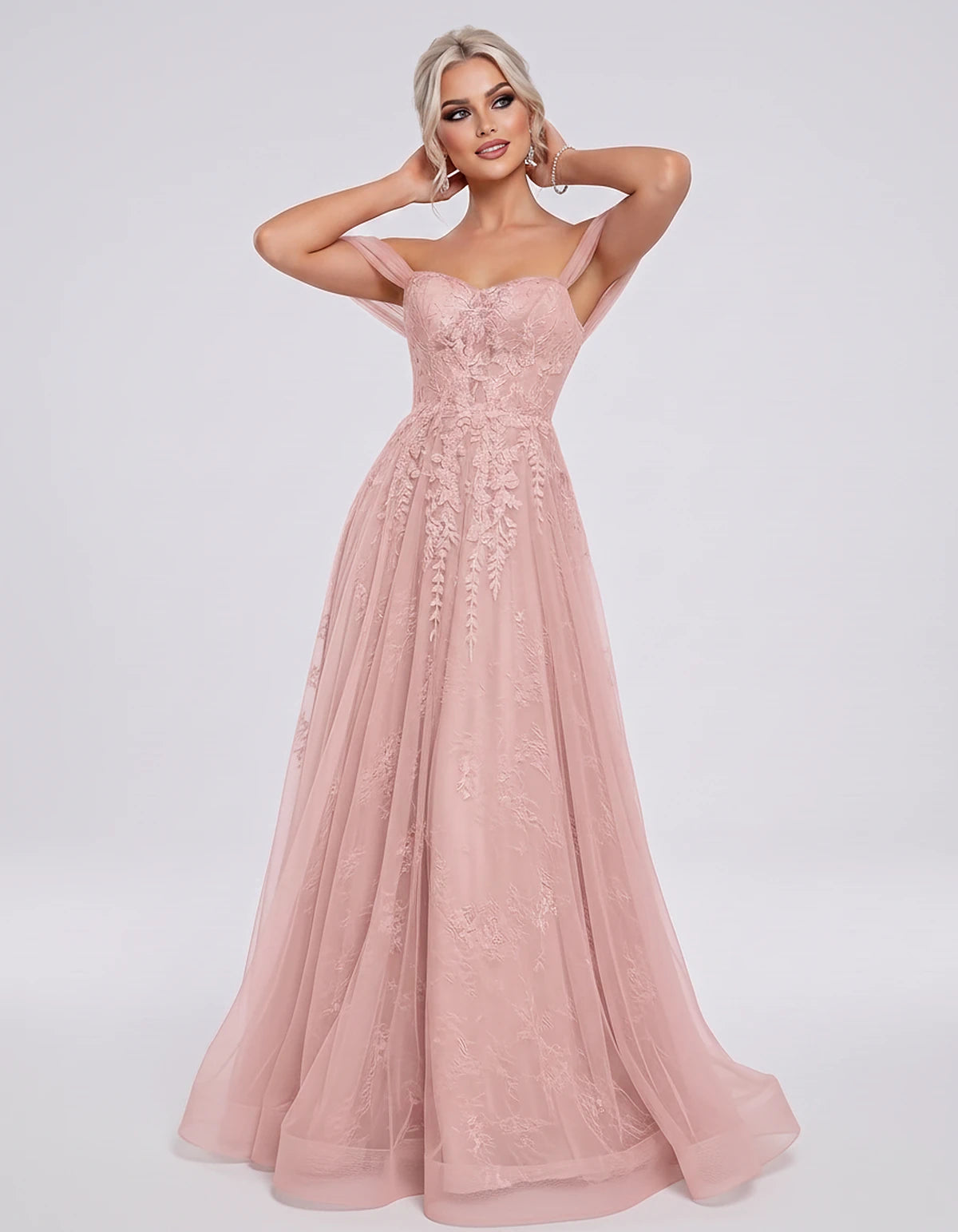 Tulle Lace Appliqué Off-Shoulder Sweetheart Ball Gown Maxi Dress for Party, Cocktail, Evening, Wedding Guest & Summer Events,