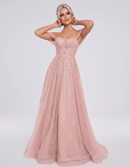 Tulle Lace Appliqué Off-Shoulder Sweetheart Ball Gown Maxi Dress for Party, Cocktail, Evening, Wedding Guest & Summer Events,