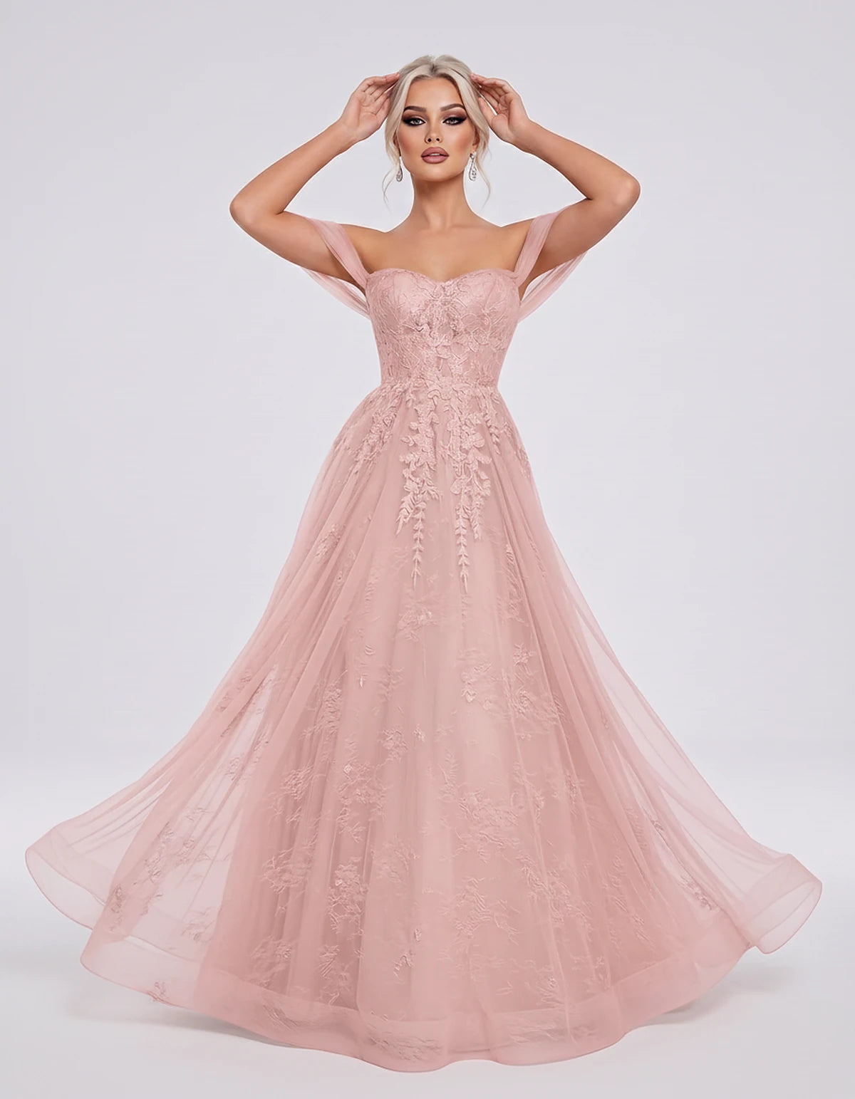 Tulle Lace Appliqué Off-Shoulder Sweetheart Ball Gown Maxi Dress for Party, Cocktail, Evening, Wedding Guest & Summer Events,