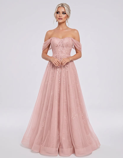 Tulle Lace Appliqué Off-Shoulder Sweetheart Ball Gown Maxi Dress for Party, Cocktail, Evening, Wedding Guest & Summer Events,
