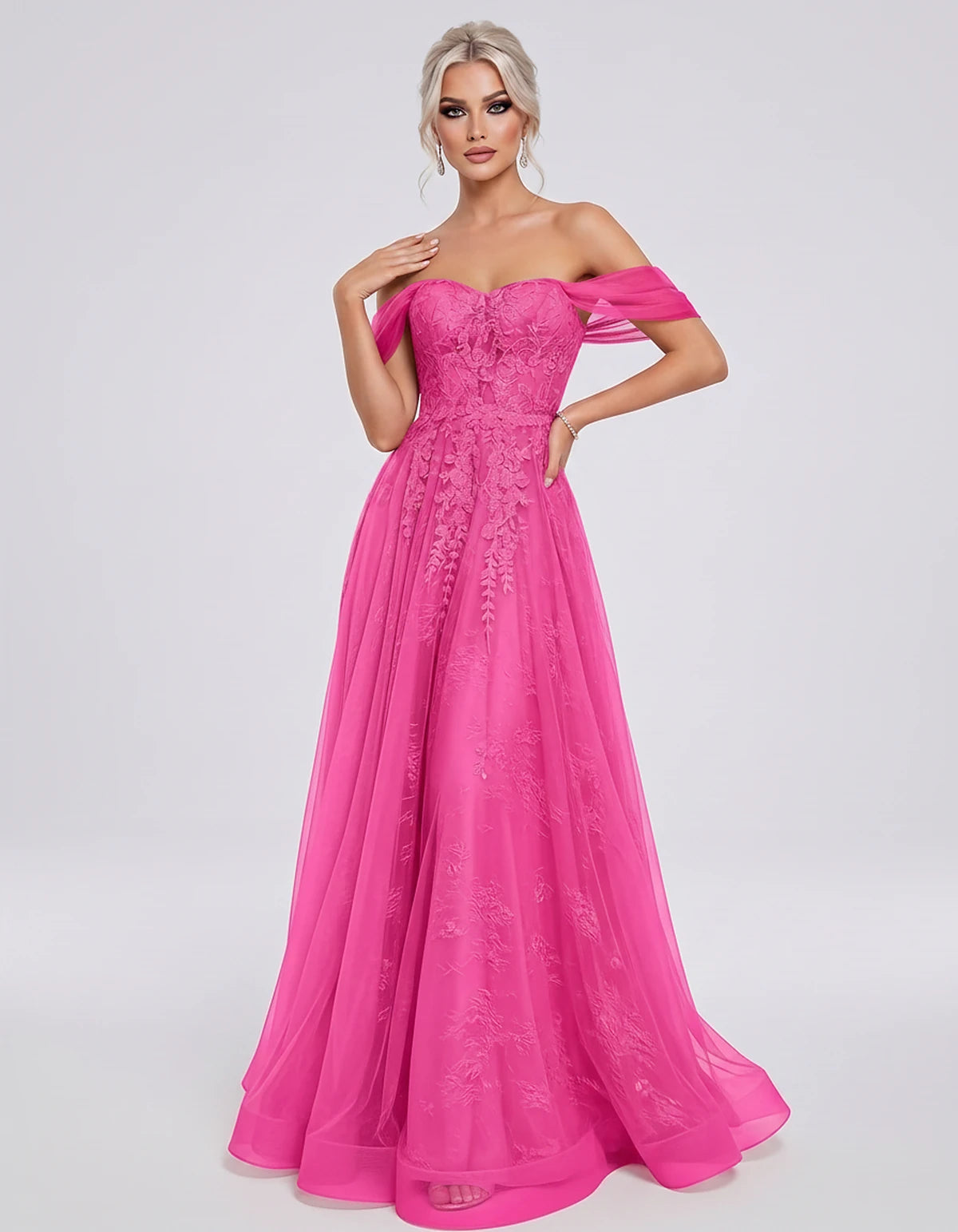 Tulle Lace Appliqué Off-Shoulder Sweetheart Ball Gown Maxi Dress for Party, Cocktail, Evening, Wedding Guest & Summer Events,